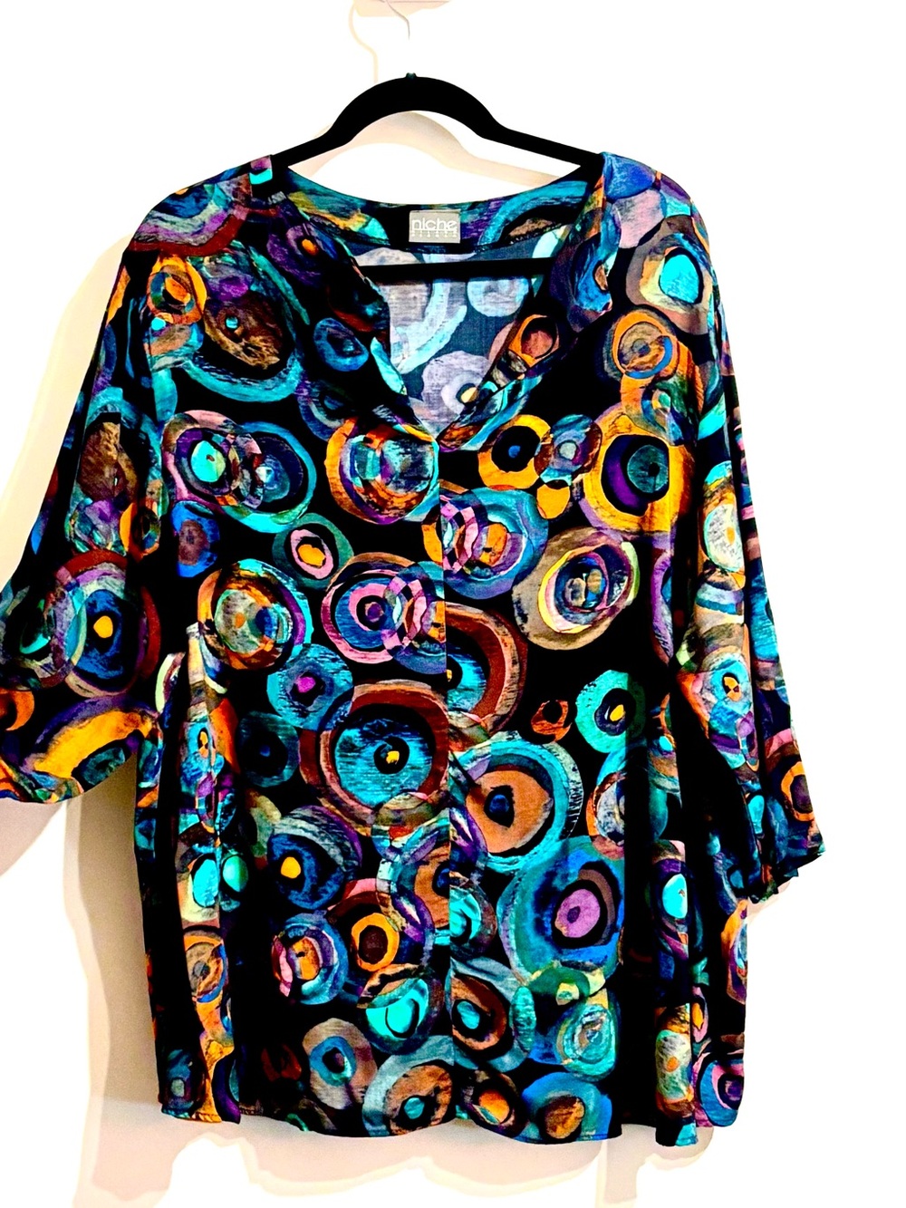 Niche Nilgun Derman Extra Large Black Abstract Circle Artsy Art to Wear Tunic